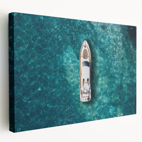Portofino, Italy coastal scene on large stretched canvas, featuring vibrant blue and green tones, ideal for kitchen wall art.