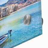 Large abstract depiction of Sicilian landscape in muted earth tones on acrylic glass, suitable for dining room art.