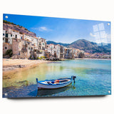 Acrylic print of a Sicilian landscape in muted earth tones, ideal for dining room decor.