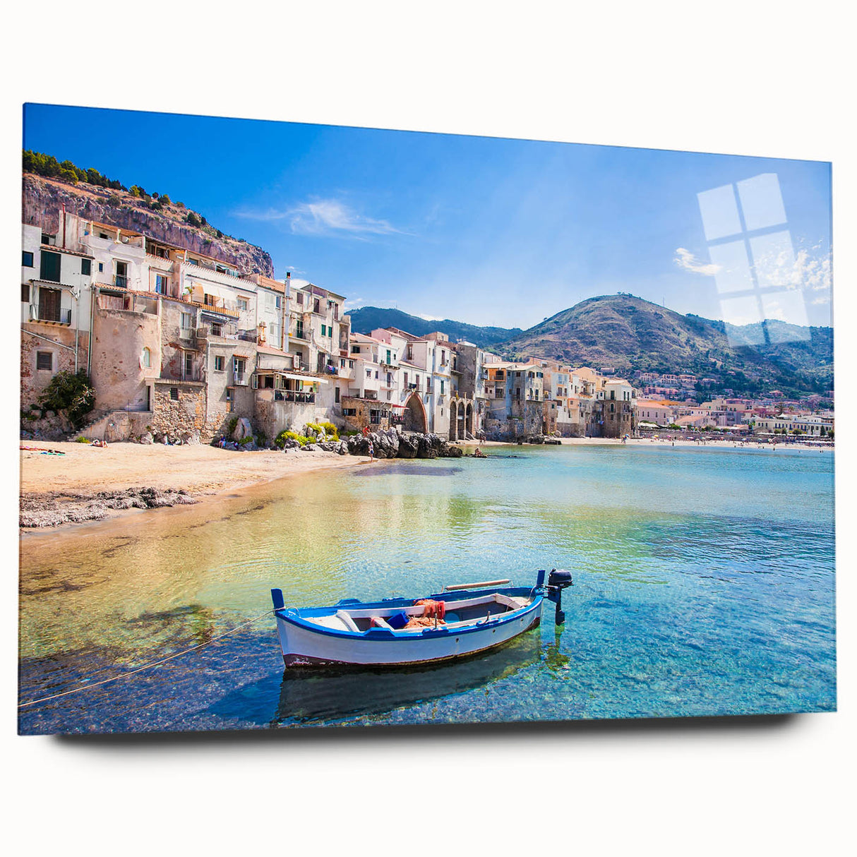 Acrylic print of a Sicilian landscape in muted earth tones, ideal for bedroom or dining room art.