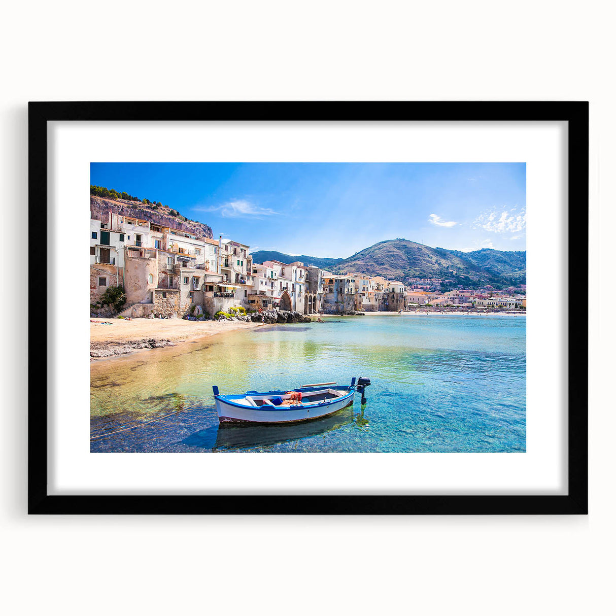 Extra large abstract art print of a colorful Sicilian landscape, textured finish on a black framed canvas.