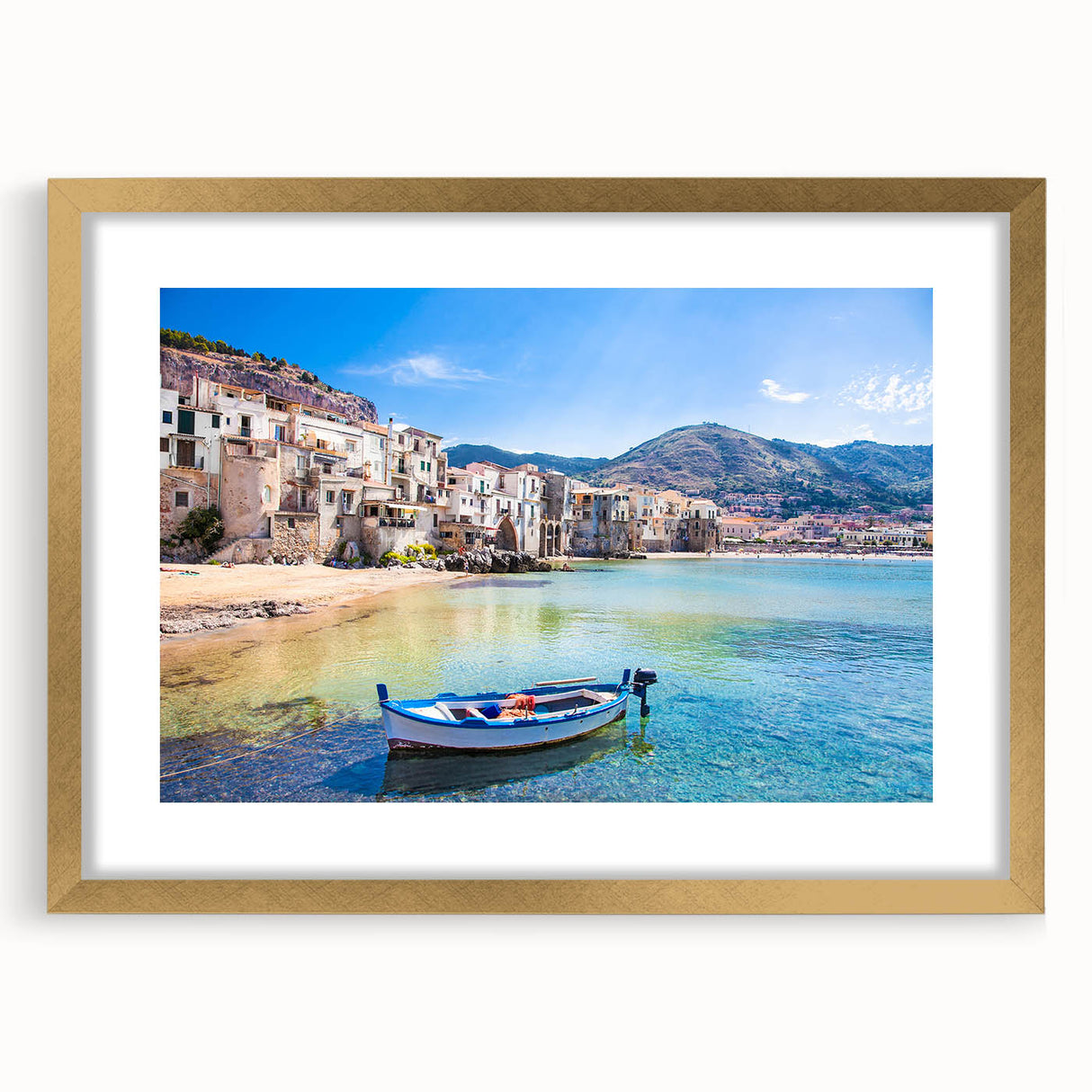 Abstract art print of Sicilian landscape in muted gold and brown tones on a framed canvas, ideal for dining room decor.