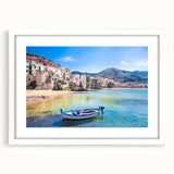 Textured abstract art print of a Sicilian landscape in muted earth tones, framed with a white mat, suitable for bedroom art.