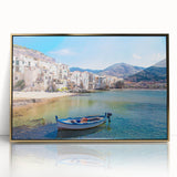 Art deco poster of Sicilian landscape in muted gold and blue tones on framed acrylic, suitable for modern art wall decor.