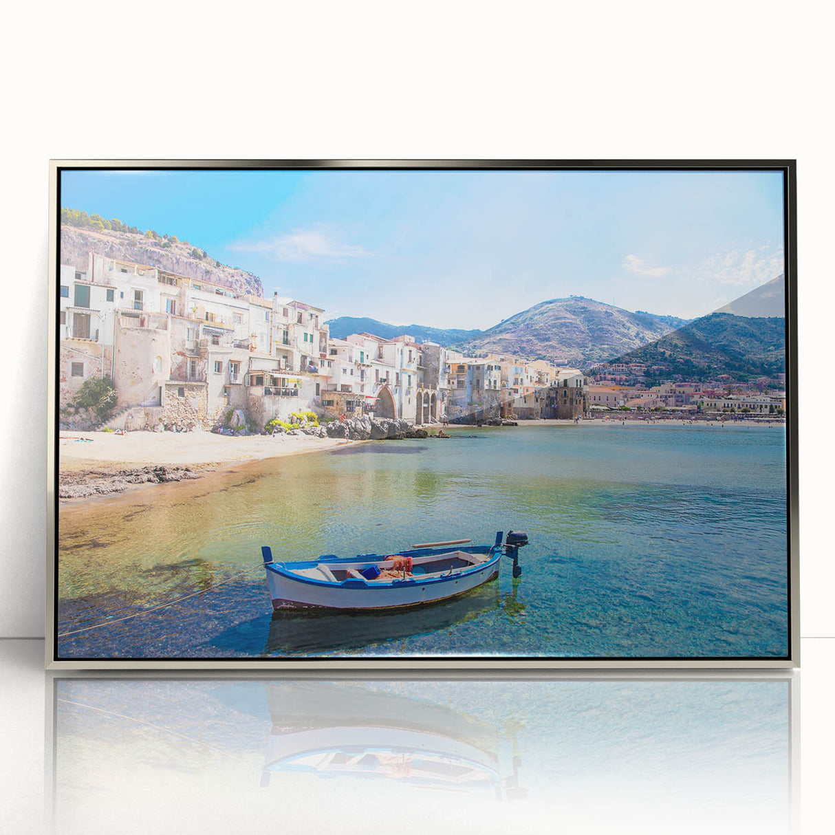 Mid-century modernist art of Sicilian landscape in muted earth tones on a framed acrylic, suitable for modern art wall decor.