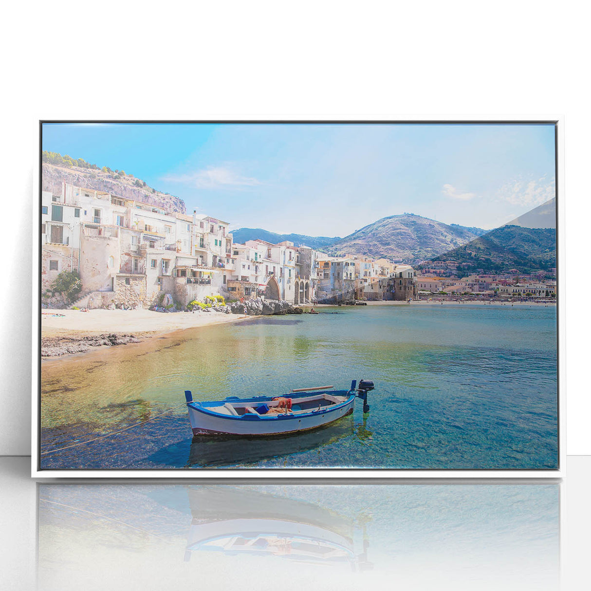 Mid-century modernist art of Sicilian landscape in acrylic, featuring soft pastel shades, ideal for nursery wall art.