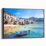 Black and white vintage poster art of a Sicilian landscape on framed canvas, suitable for bedroom wall decor.