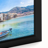 Black wall art featuring a textured, colorful Sicilian landscape on a large framed canvas, ideal for living room decor.