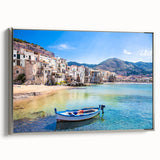 Framed canvas featuring a vintage-style landscape art painting of Sicily.