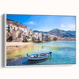 Vintage poster art of Sicilian landscape on framed canvas, featuring vibrant colors, ideal for living room decor.