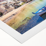 Art deco poster of a Sicilian landscape on rolled canvas, featuring muted earth tones, ideal for dining room wall art.