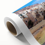 Art deco poster of Sicilian landscape, with soft pastel colors on rolled canvas.