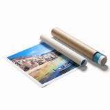 Extra large rolled print depicting Sicilian scenery with vibrant floral elements, ideal for classy bathroom wall art.