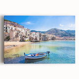 Black and white wall art of Sicilian landscape on stretched canvas, ideal for kitchen or bedroom decor.