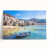 Black and white large art print of Sicilian landscape on stretched canvas, suitable for kitchen wall art.
