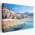 Large stretched canvas featuring a scenic view of Sicily, Italy, with vibrant blues and greens, ideal for kitchen wall art.