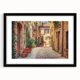 Extra large abstract art print of a vibrant Tuscan landscape on textured canvas, framed in black.