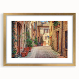 Abstract art print of Tuscany landscape in muted earth tones on a framed canvas, suitable for dining room decor.