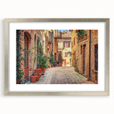 Extra large textured abstract art print of Tuscany scenery in muted earth tones, framed with a silver mat.