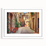 Textured art depicting the rolling hills of Tuscany in muted earth tones, framed with a white mat, ideal for bedroom decor.