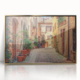 Art deco style poster of Tuscany landscape, muted earth tones in a gold framed acrylic, ideal for modern art wall decor.