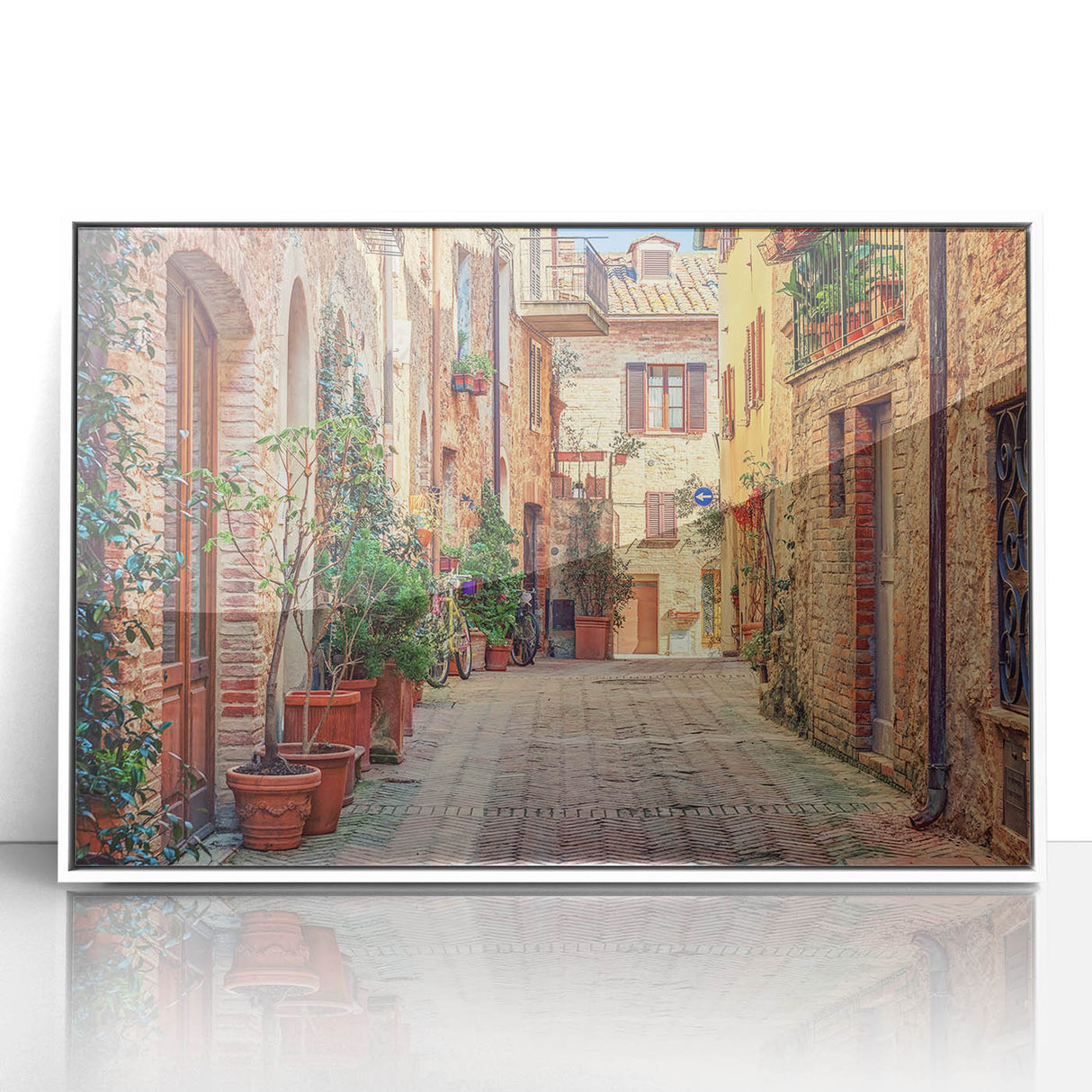 Mid-century modernist art depicting Tuscan landscape in muted earth tones on a framed acrylic, ideal for nursery wall decor.