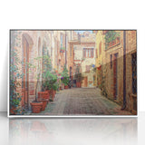 Mid-century modernist art depicting Tuscan landscape in muted earth tones on a framed acrylic, ideal for nursery wall decor.