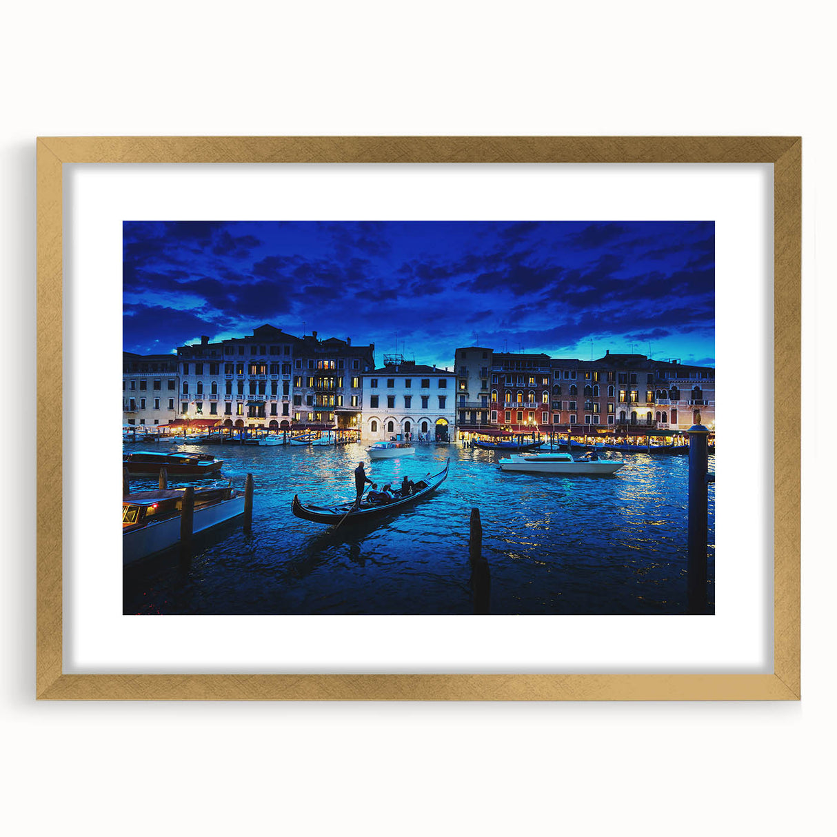 Abstract art print of Venice scenery in muted gold and blue tones on a framed canvas, suitable for dining room decor.