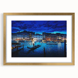 Abstract art print of Venice scenery in muted gold and blue tones on a framed canvas, suitable for dining room decor.