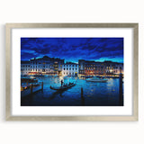 Extra large abstract art print of Venice scenery in muted colors on a silver-framed canvas, ideal for living room decor.