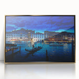 Venice canal scene in art deco style, with muted gold and blue tones on a framed acrylic print.