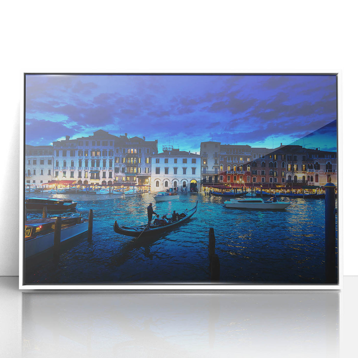 Mid-century modernist art of Venice scenery in muted blue tones, framed acrylic, ideal for nursery wall art.