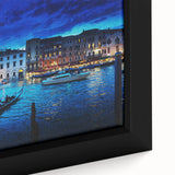 Extra large framed canvas depicting a textured scene of Venice in black with colorful accents, ideal for living room decor.