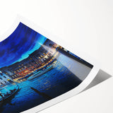 Extra large wall art featuring line art flowers over a muted European Venice scenery on a rolled canvas.