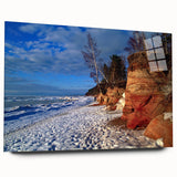 Large abstract wall art of a European scenery in soft blue and green tones on acrylic glass.