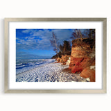 Extra large abstract art print of a textured European scenery in muted earth tones, framed in silver.