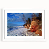 Textured abstract art print of a European scenery in muted earth tones, framed with a white mat, ideal for bedroom decor.