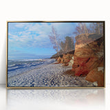 Art deco poster featuring a European scenery in Latvia with muted gold and green tones on framed acrylic.