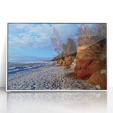 Mid-century modernist art depicting a European landscape in pastel shades, framed acrylic, ideal for nursery wall art.