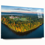 Large abstract wall art of a European Lithuanian landscape in muted greens and blues on acrylic glass.