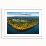 Textured abstract art print depicting a serene Lithuanian landscape in muted earth tones, framed in white.