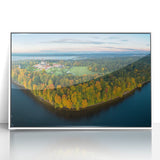 Mid-century modernist art depicting a serene Lithuanian landscape on a framed acrylic, using muted earth tones.