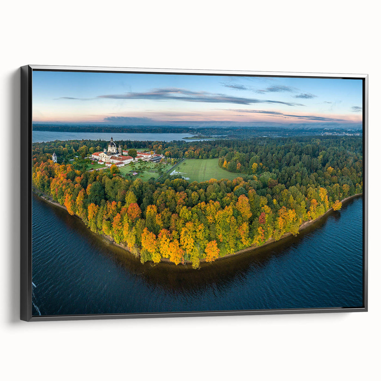 Framed canvas featuring a black and white vintage poster art of a Lithuanian landscape, ideal for bedroom wall decor.