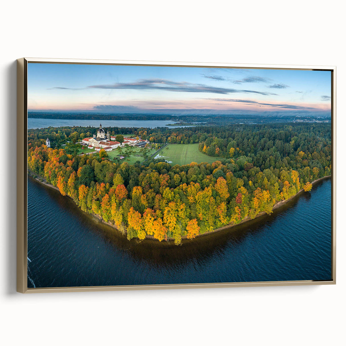 Framed canvas depicting a vintage-style landscape of a European Lithuanian scenery in black and gold tones.