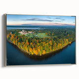 Landscape art painting of a Lithuanian scenery on framed canvas with a silver frame, featuring muted earth tones.