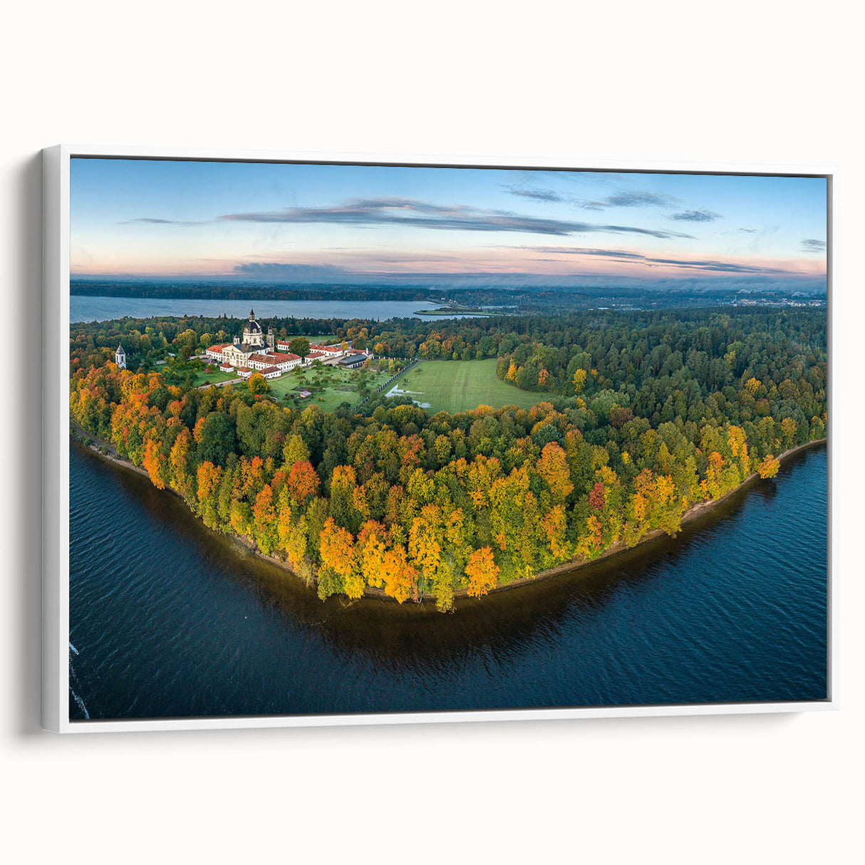 Vintage poster art of a European Lithuanian landscape on extra large framed canvas.