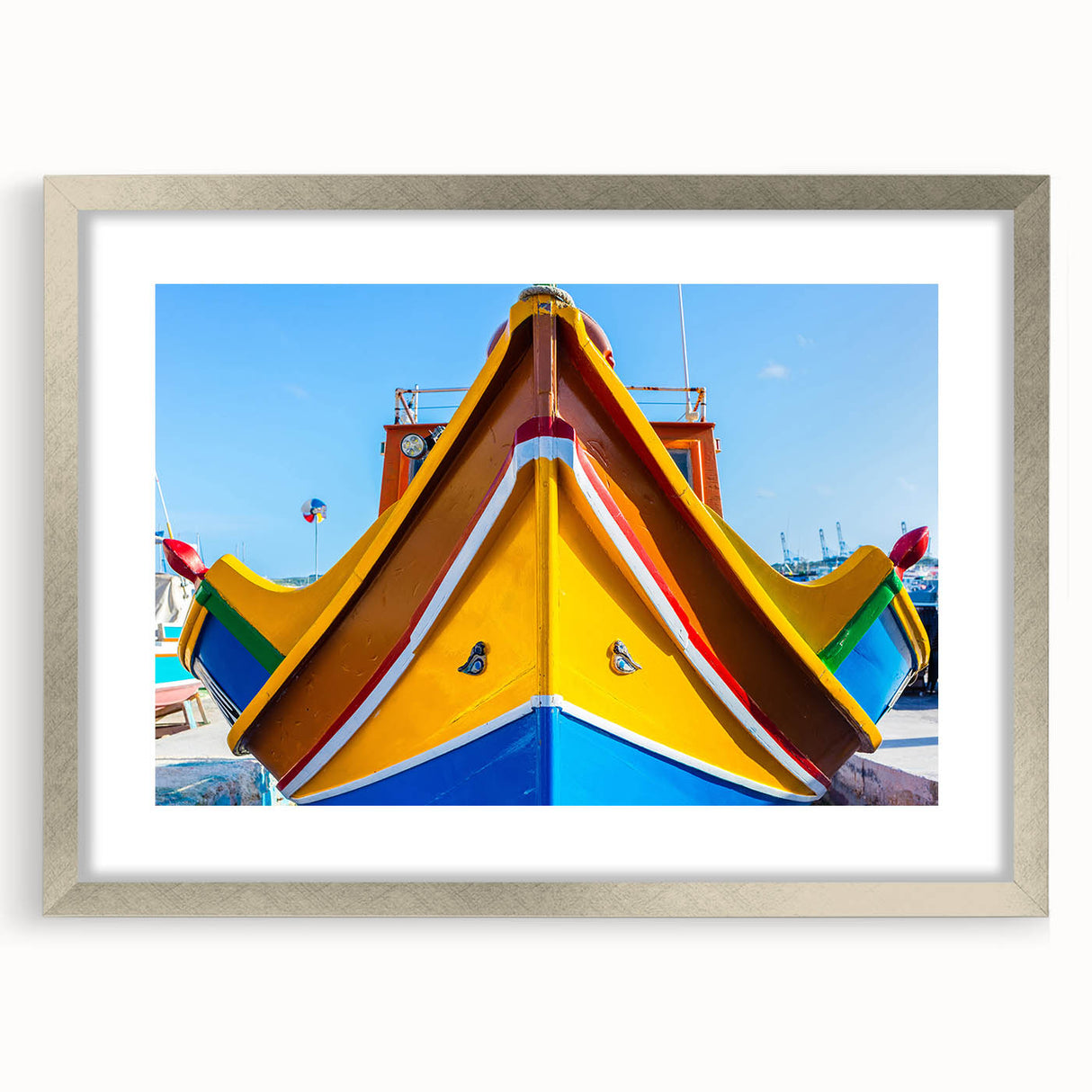 Extra large abstract art print of a European Malta scenery in muted tones, framed with a silver mat.