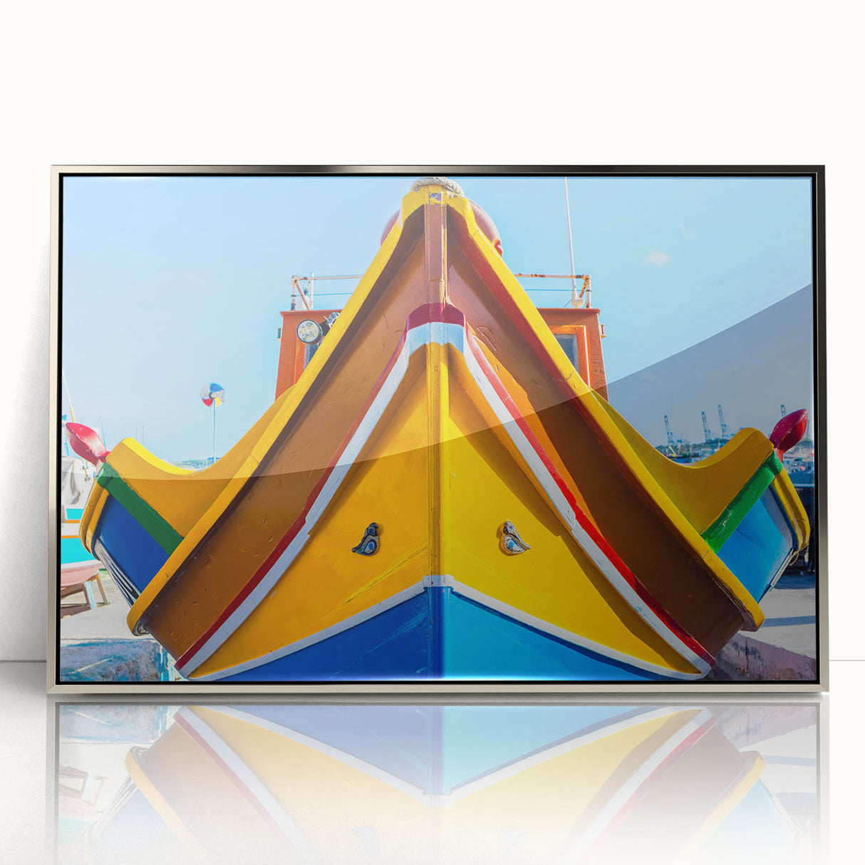 Large art print of a mid-century modernist Malta scenery in silver framed acrylic, ideal for modern art wall decor.