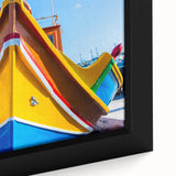 Framed canvas of a textured Malta scenery in black with vibrant, colorful accents, ideal for large living room walls.