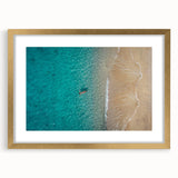 Abstract art print of the Mediterranean Sea in muted blue and teal, framed in gold.
